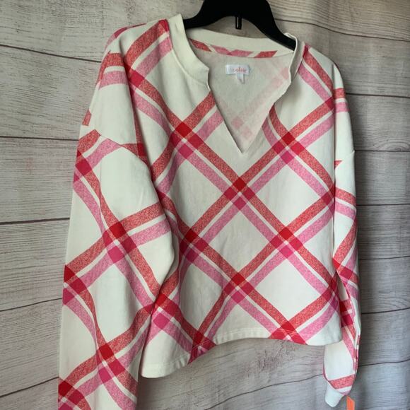 Colsie Pink and White Plaid Lounge Sweatshirt Cut V Neck Soft Size Large - Picture 3 of 10